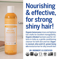 Dr. Bronner's Organic Hair Rinse lemon juice highlighting citrus freshness and scalp refreshment.