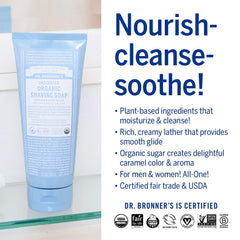 Creamy lather close-up from Dr. Bronner's Organic Shaving Soap for a comfortable shave