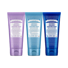 Dr. Bronner's Lavender Organic Shaving Soap bottle with luxurious lather for a smooth shave