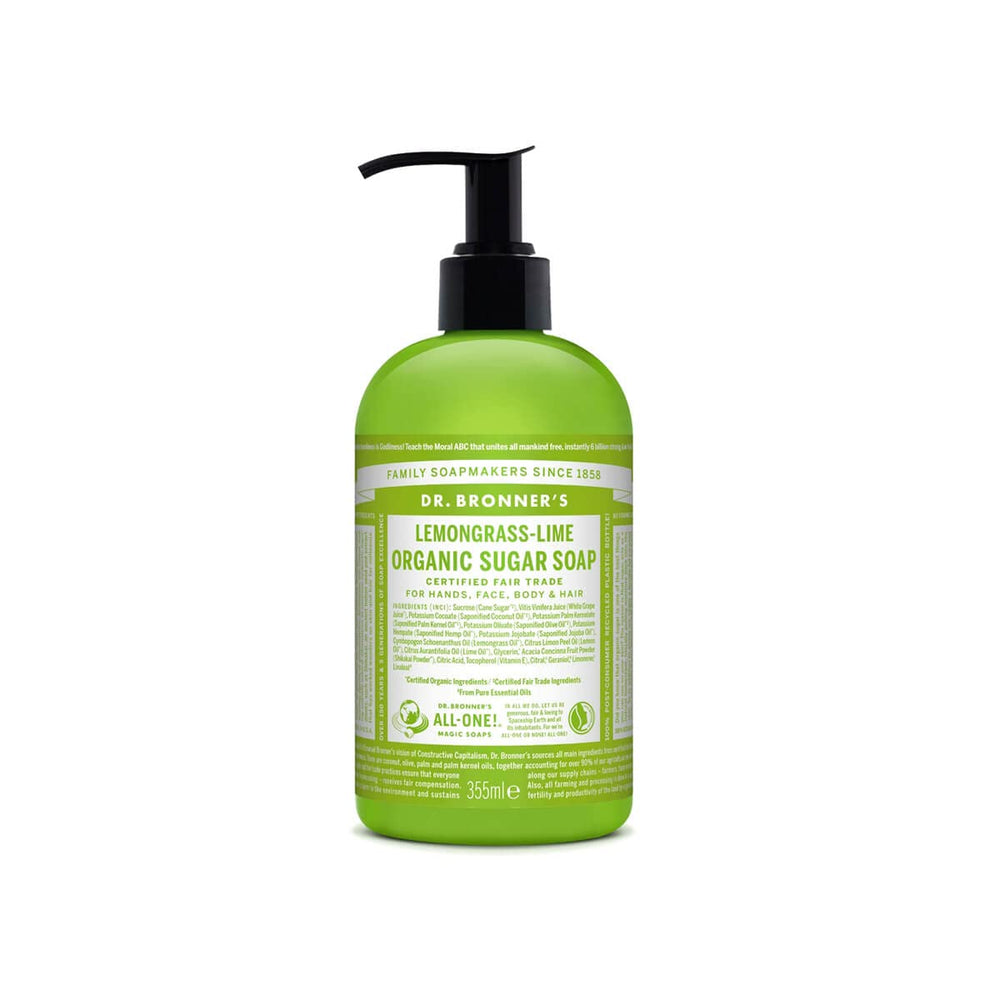 Dr. Bronner's Lemongrass Lime organic sugar soap bottle with silky face and body lather