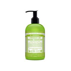 Dr. Bronner's Lemongrass Lime organic sugar soap bottle with silky face and body lather