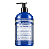 Dr. Bronner's Peppermint Organic Sugar Soap bottle provides a rich lather for hands and body
