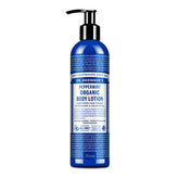 Dr Bronner's Peppermint lotion bottle delivering refreshing hydration for hands and skin.