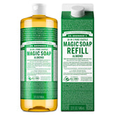 Dr. Bronner's Pure-Castile Almond soap bottle for versatile body wash and refill.