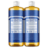 Dr. Bronner's Peppermint Pure-Castile soap bottle front label highlighting organic ingredients.