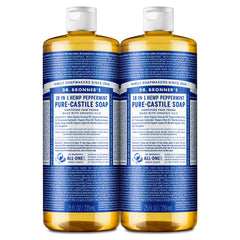 Dr. Bronner's Peppermint Pure-Castile soap bottle front label highlighting organic ingredients.