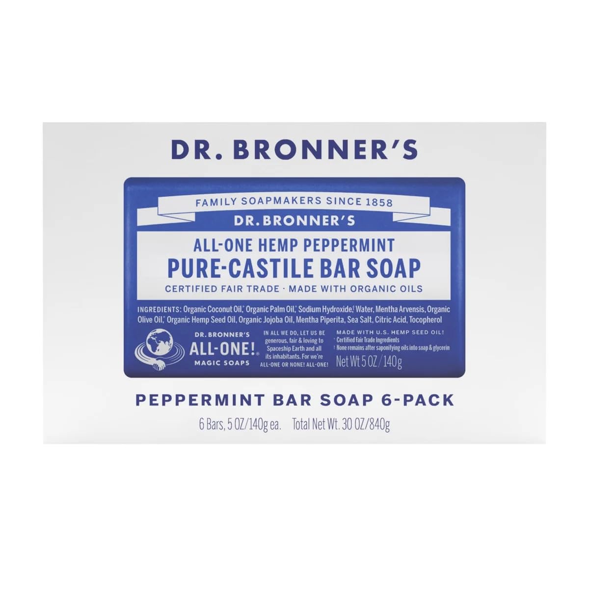Dr. Bronner's Peppermint Castile soap bar pack of six for organic everyday cleansing