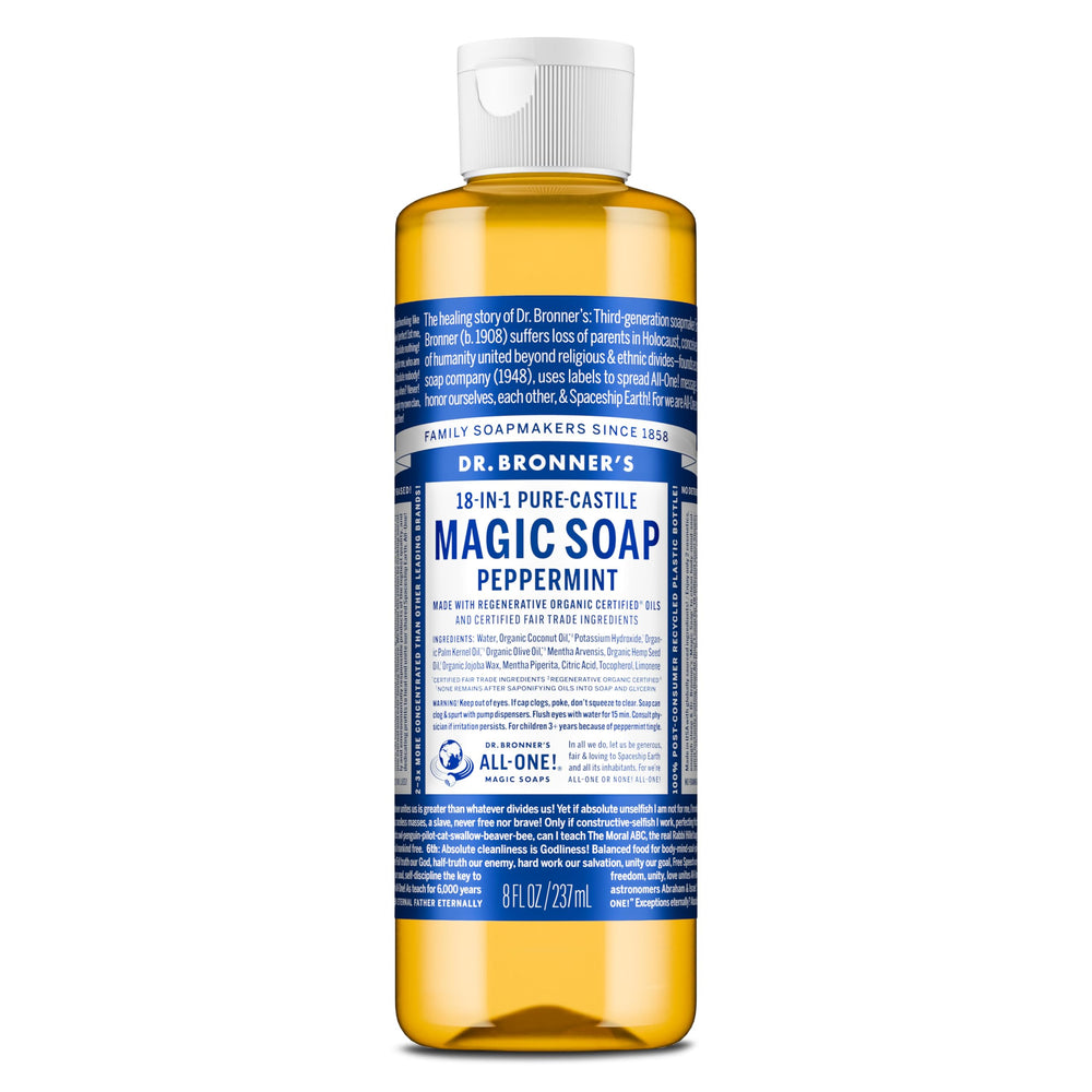 Dr. Bronner's Pure-Castile Peppermint bottle shows versatile all-in-one soap use.