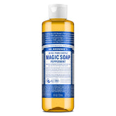 Dr. Bronner's Pure-Castile Peppermint bottle shows versatile all-in-one soap use.