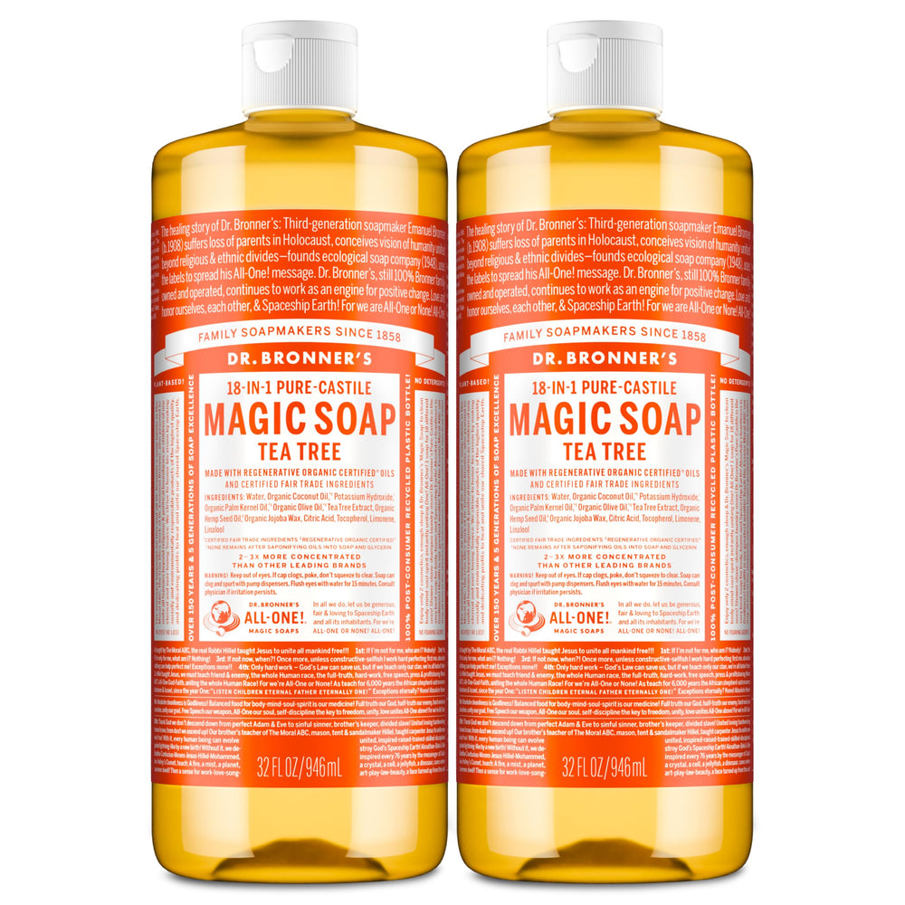 Dr. Bronner's Pure-Castile Tea Tree soap bottle for gentle skin and surface cleansing.