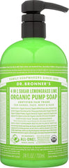 Dr. Bronner's Sugar Lemongrass Lime pump soap for hands and body, vegan formula.