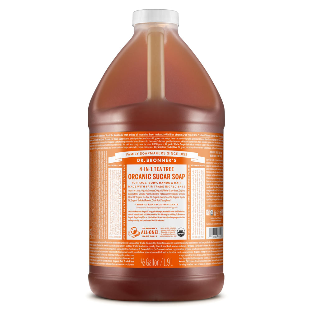 Dr. Bronner's Tea Tree Sugar Soap bottle in 64 oz size for versatile cleansing.