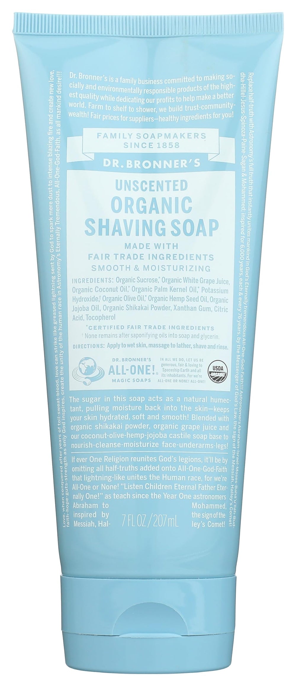 Dr. Bronner's unscented shaving soap tube 7oz front view, conditioning for a smooth shave.