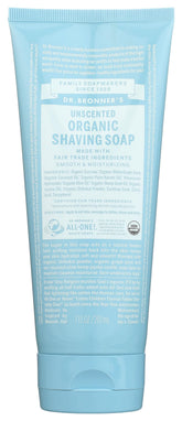 Dr. Bronner's unscented shaving soap tube 7oz front view, conditioning for a smooth shave.