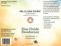 Dr Clark Zinc Oxide Roll-On Deodorant bottle front label shows aluminum-free formula for sensitive skin
