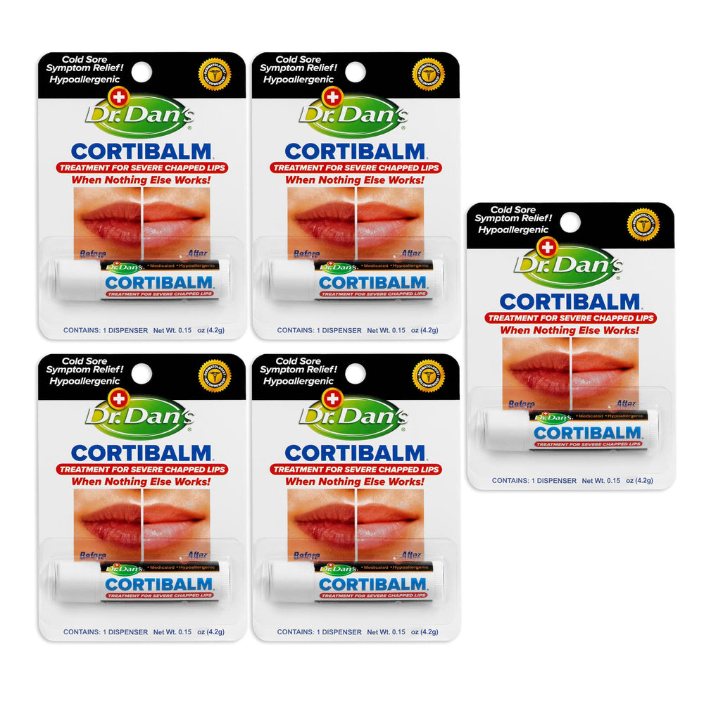 Dr. Dan's Cortibalm 5-pack packaging offers portable lip care for dry lips on the go.