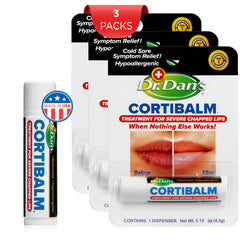 Dr. Dan's Cortibalm tube closeup emphasizes soothing hydration for lips.