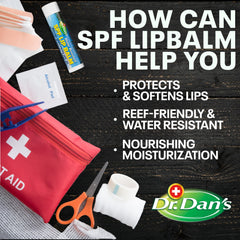 Dr. Dan's SPF 30 lip balm application on lips for smoother skin