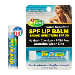 Dr. Dan's SPF 30 lip balm bottle front promotes moisturized lips