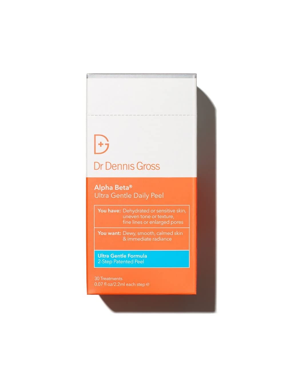 Dr Dennis Gross Alpha Beta Ultra Gentle Daily Peel step 1 exfoliation for smoother texture.