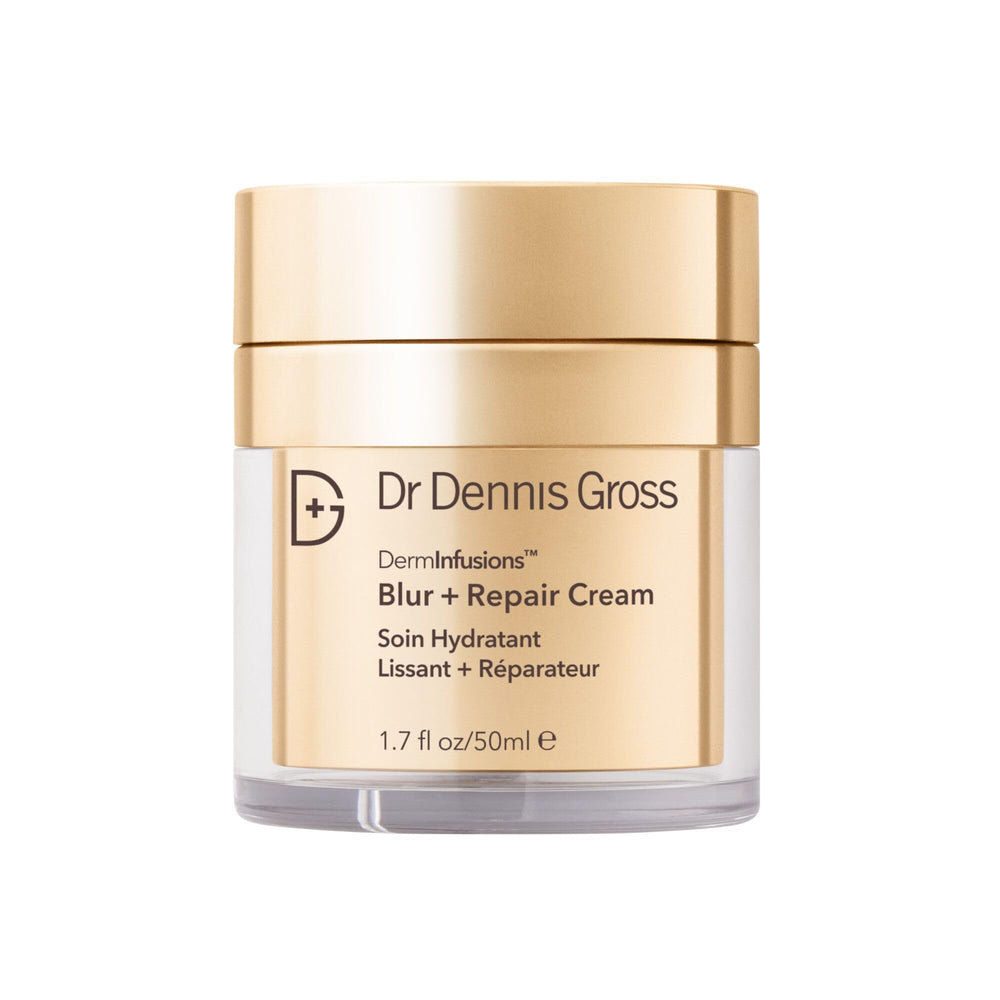 Dr Dennis Gross DermInfusions Blur + Repair Cream jar close-up shows rich hydration and smoothing