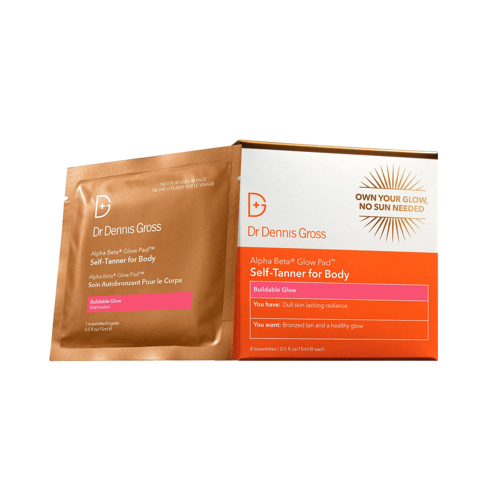 Dr Dennis Gross Glow Pad Body towelette packaging front shows brand and easy self-tanning.