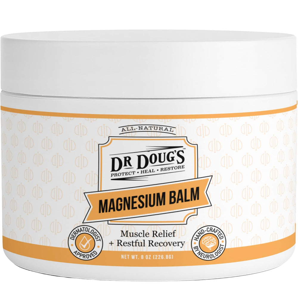 Dr. Doug's Magnesium Balm bottle on display for non-greasy hydration.