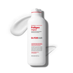 DR.FORHAIR Folligen Shampoo bottle closeup showcases a clarifying formula for a fresher scalp.