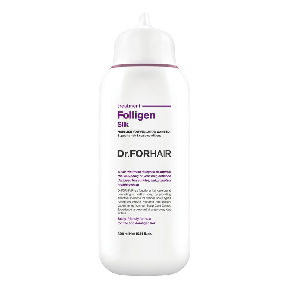 DR.FORHAIR Folligen Silk Treatment bottle with sleek packaging promotes nourished dry hair