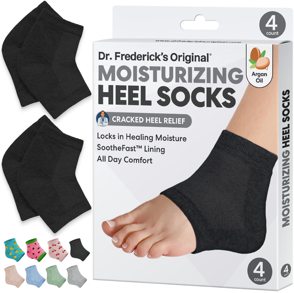 Dr. Frederick's Original moisturizing heel socks with gel lining provide deep hydration overnight.