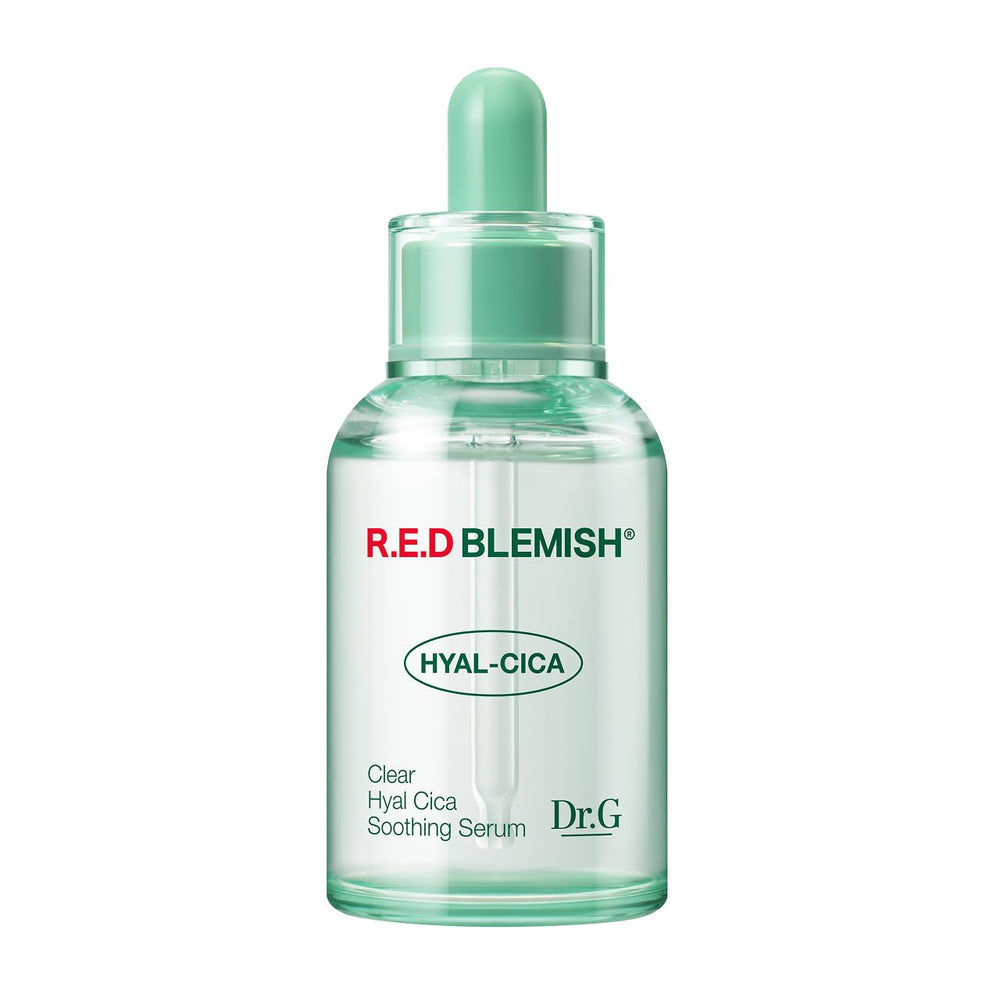 Dr. G R.E.D. serum bottle shows lightweight, hydrating formula for all skin types.