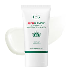 Dr.G R.E.D. Blemish Soothing Up sunscreen bottle showcasing hydrating formula for sensitive skin.