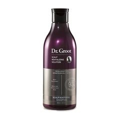 Dr. Groot Scalp Soothing Shampoo bottle close-up showing biotin-centella formula for moisturized scalp.