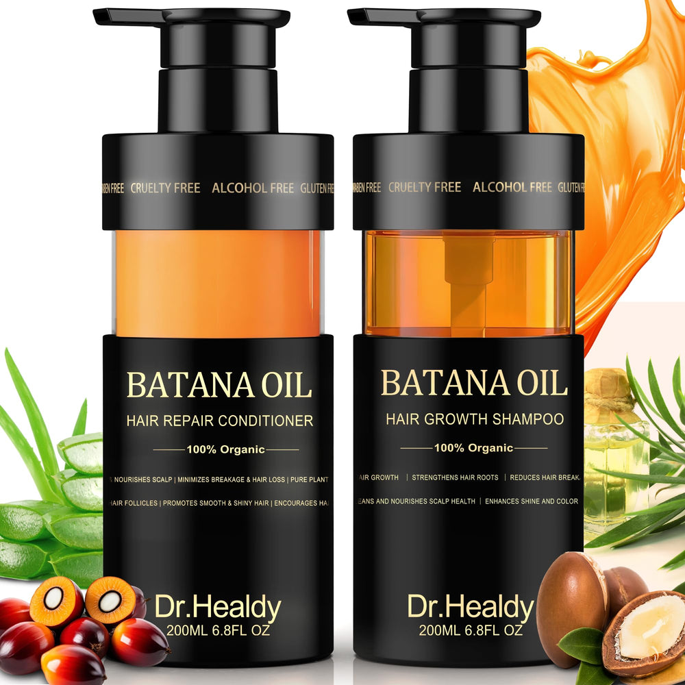 Dr Healdy Batana Oil Shampoo bottle showing nourishing formula for stronger hair