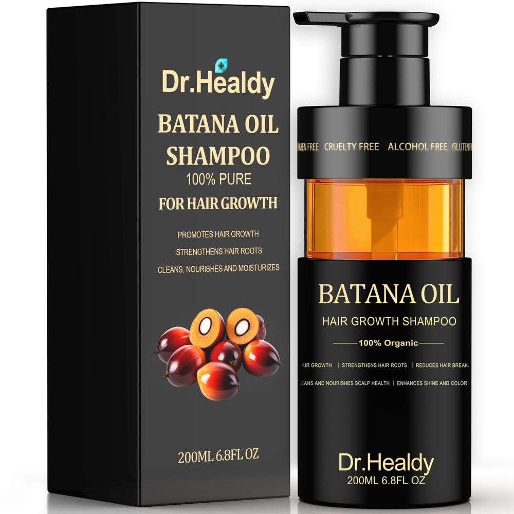 Dr. Healdy Batana Oil Shampoo bottle highlights sulfate-free cleansing for healthy scalp.