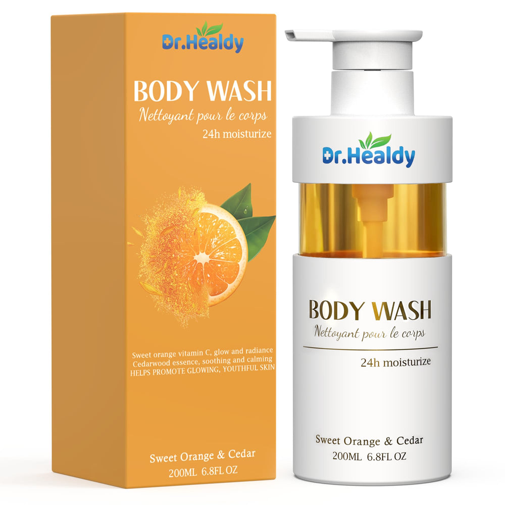 Dr. Healdy body wash bottle with orange and cedar scent for refreshing hydration.