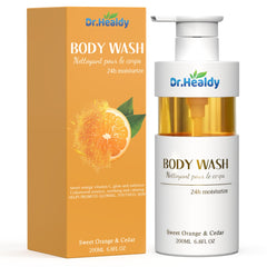 Dr. Healdy body wash bottle with orange and cedar scent for refreshing hydration.
