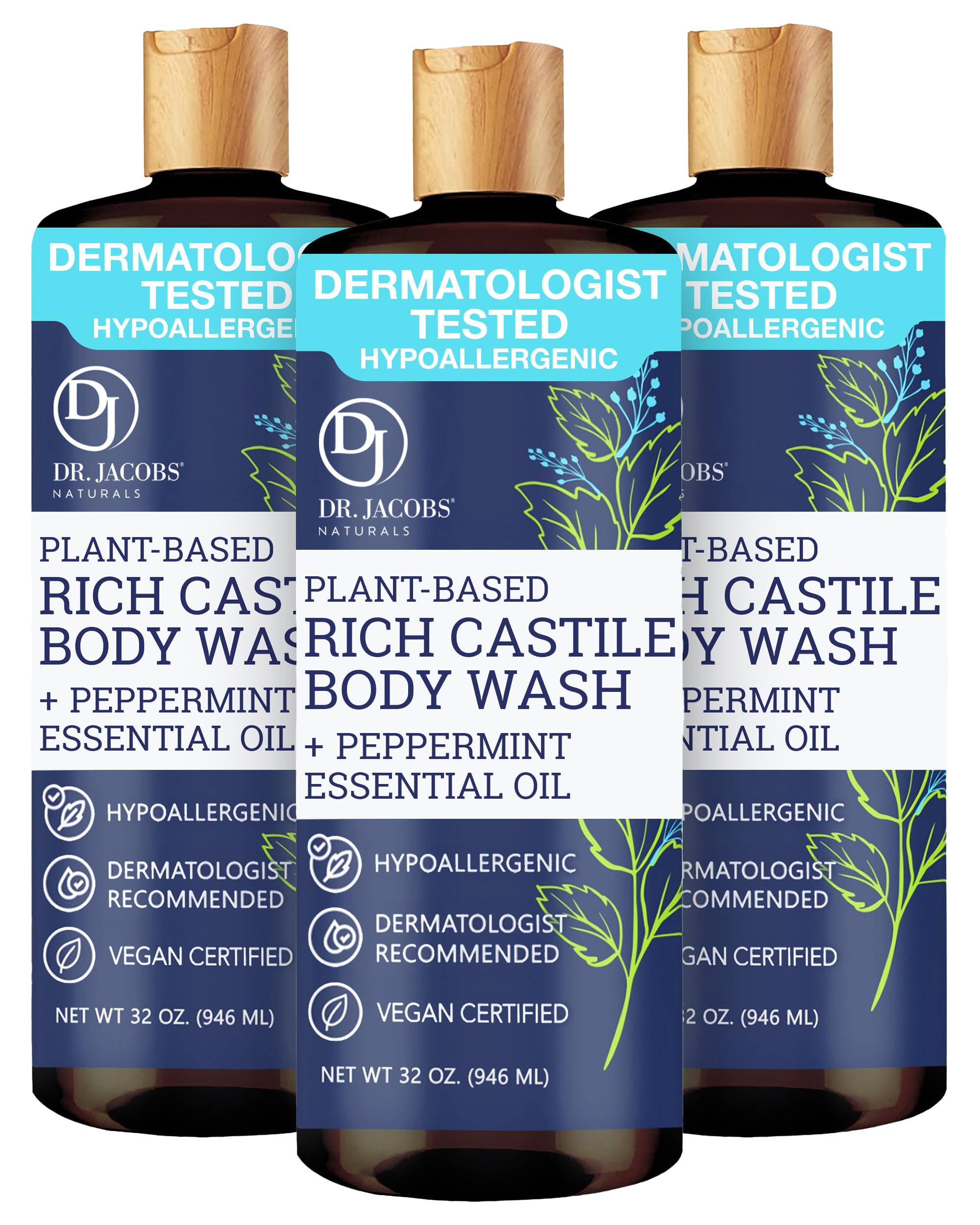 Brand image: Dr. Jacobs Naturals Peppermint Castile Soap bottle highlighting plant-based formula and minty freshness