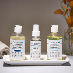 DR. LIFT antibacterial body wash lather demonstrates cleansing and skin hydration.