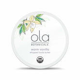 Dr. Mercola Ola Warm Vanilla Whipped Body Butter jar showing rich hydration for dry skin.