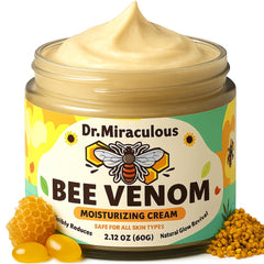 Dr. Miraculous bee venom cream bottle close-up for radiant, hydrated skin.