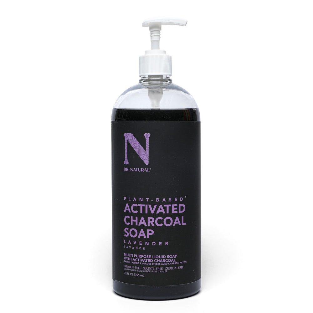 Dr Natural charcoal soap lavender bottle for refreshing cleansing