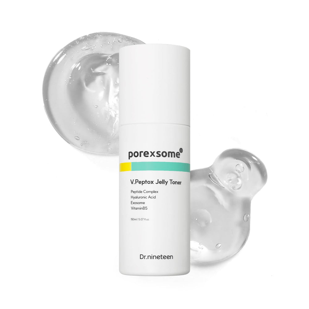 Dr.nineteen V.Peptox Jelly Toner bottle pour shows pore care and hydration benefits