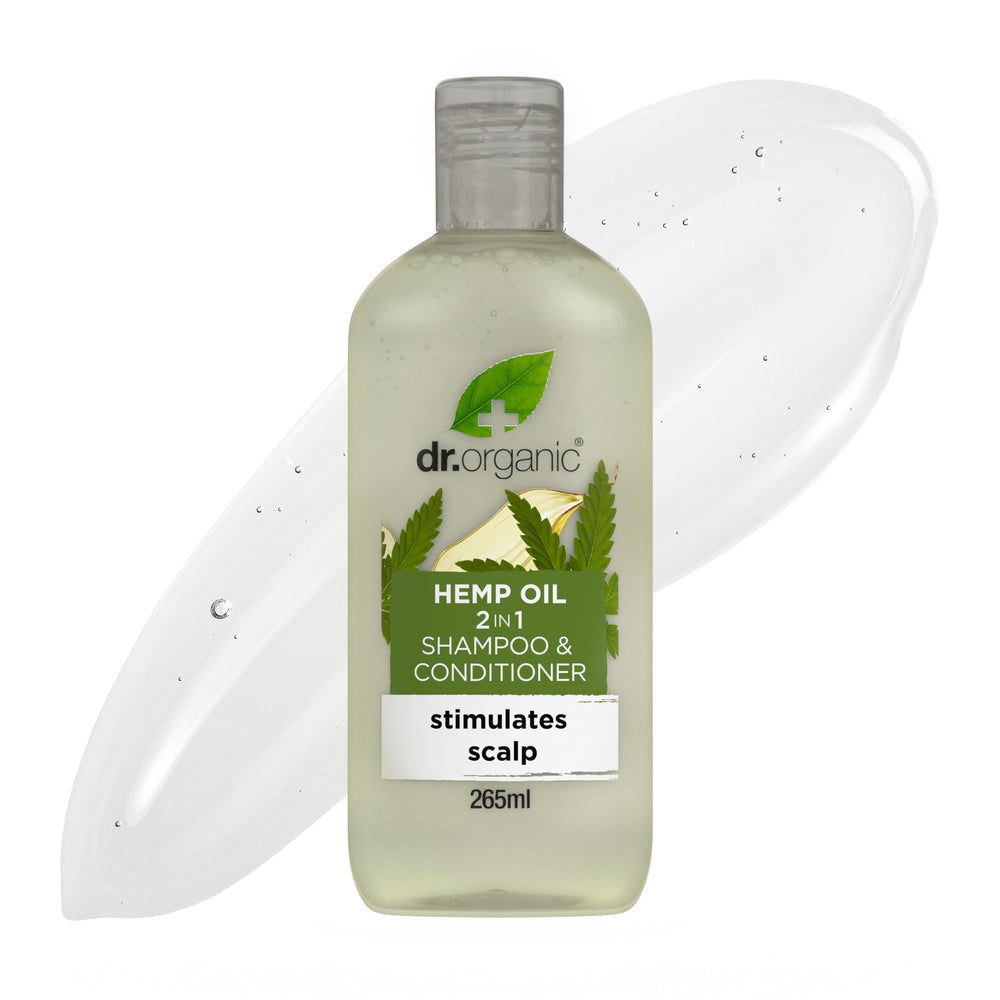 Dr Organic Hemp Oil 2-in-1 bottle shows the product designed for fine hair and balanced cleansing.