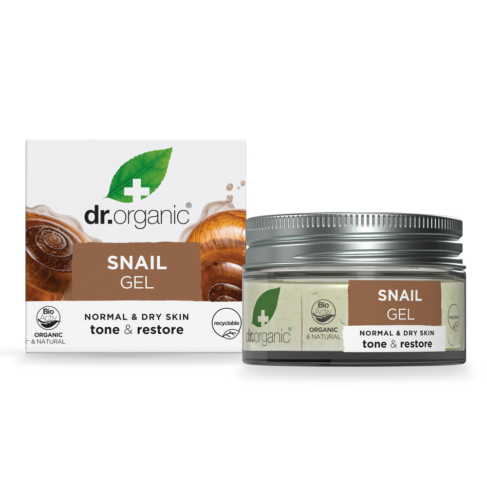Dr. Organic Snail Gel bottle on a bathroom shelf for daily hydration