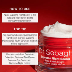 Dr Sebagh Supreme Night Secret beside the card with soft lighting conveys premium skincare ritual
