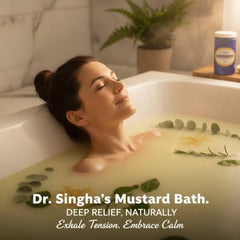 Dr. Singha's mustard bath powder pouring into warm tub