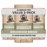Dr. Squatch Birchwood Breeze 3-pack pack shot highlighting aluminum-free odor protection.