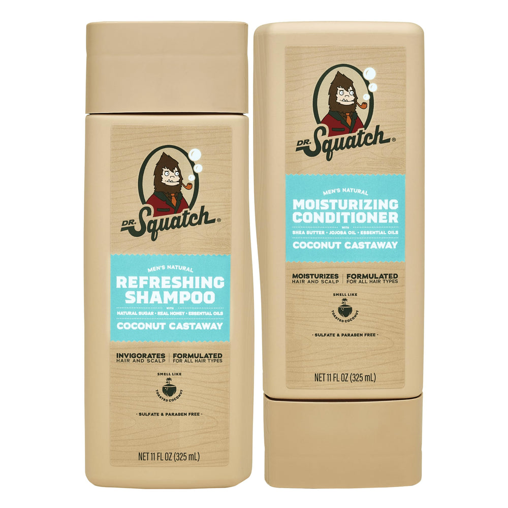 Dr. Squatch Coconut Castaway shampoo bottle offering a refreshing cleanse.