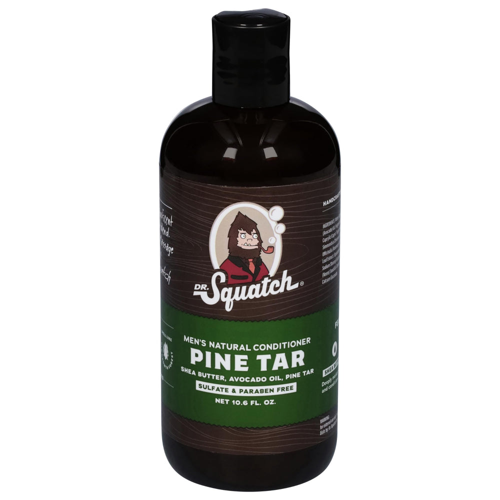 Dr. Squatch pine tar conditioner bottle with a crisp pine scent and gentle hydration